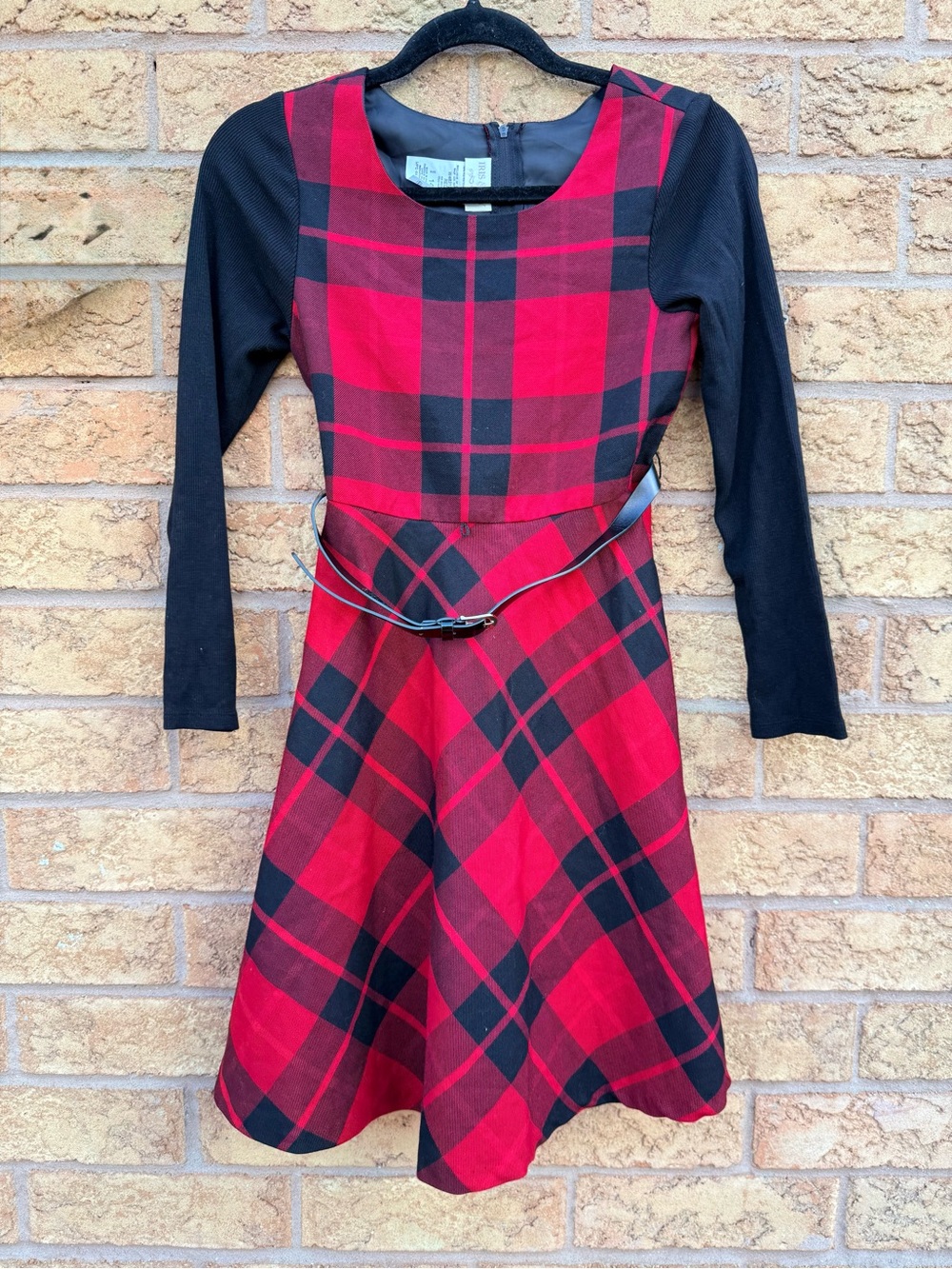 🌿4/$25 • Iris & Ivy Red Plaid Fit-and-Flare Dress with Black Sleeves
